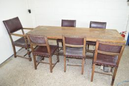 LARGE REFECTORY TYPE DINING TABLE, APPROX 214 X 82CM TOGETHER WITH A SET OF SIX LEATHER