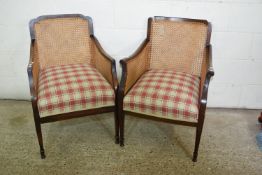 TWO SIMILAR EDWARDIAN MAHOGANY BERGERE CHAIRS, THE LARGER WIDTH APPROX 60CM MAX