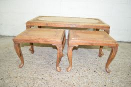 SET OF THREE LOW COFFEE TABLES, ALL WITH SIMILAR FRETWORK DECORATION, LARGEST APPROX 109 X 54CM