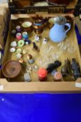 TRAY WITH CARVED WOODEN ITEMS AND SOME MINIATURE CERAMIC ITEMS INCLUDING SMALL ROYAL CROWN DERBY