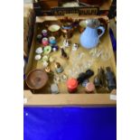 TRAY WITH CARVED WOODEN ITEMS AND SOME MINIATURE CERAMIC ITEMS INCLUDING SMALL ROYAL CROWN DERBY