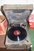 BOX CONTAINING RECORDS, HMV, AND A BOXED VINTAGE GRAMOPHONE AND FURTHER BOX CONTAINING OLD RECORDS