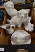 BOX OF CERAMIC ITEMS LEFT IN THE WHITE INCLUDING TWO STAFFORDSHIRE TYPE DOGS, HEN TUREEN COVER ETC