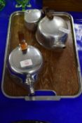 TRAY CONTAINING METAL TEA SET MADE BY PICQUOT INCLUDING TEA POT, HOT WATER JUG, MILK JUG