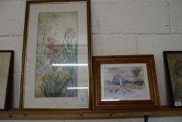 ART NOUVEAU STYLE PRINT OF POPPIES IN WOODEN FRAME TOGETHER WITH A PRINT OF A CHURCH