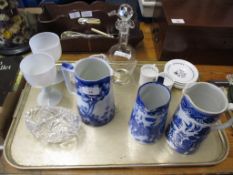 TRAY CONTAINING MAINLY CERAMIC ITEMS INCLUDING ROYAL CHELSEA COFFEE CUPS, SAUCERS, BLUE AND WHITE