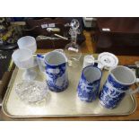 TRAY CONTAINING MAINLY CERAMIC ITEMS INCLUDING ROYAL CHELSEA COFFEE CUPS, SAUCERS, BLUE AND WHITE