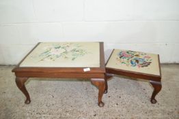PAIR OF MATCHING UPHOLSTERED STOOLS WITH PAD FEET AND EMBROIDERED UPHOLSTERY, LARGER APPROX 61 X