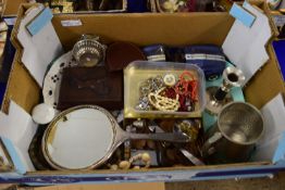 TRAY CONTAINING MAINLY METAL ITEMS, PLATED MIRROR, PLATED JUG, PEWTER TANKARD ETC