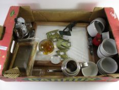 BOX CONTAINING PLATED WARES AND CERAMIC WARES, SMALL RAMEKIN STYLE DISHES, PHOTO FRAMES ETC