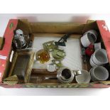 BOX CONTAINING PLATED WARES AND CERAMIC WARES, SMALL RAMEKIN STYLE DISHES, PHOTO FRAMES ETC