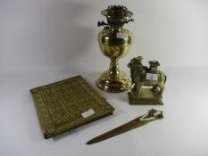 BRASS MODEL OF A BULL TOGETHER WITH BRASS BLOTTING PAD AND BRASS PAGE TURNER TOGETHER WITH AN OIL