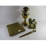 BRASS MODEL OF A BULL TOGETHER WITH BRASS BLOTTING PAD AND BRASS PAGE TURNER TOGETHER WITH AN OIL