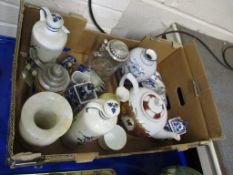 BOX CONTAINING CERAMICS, TEA POT, DELFT STYLE VASES, JUGS ETC