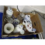 BOX CONTAINING CERAMICS, TEA POT, DELFT STYLE VASES, JUGS ETC