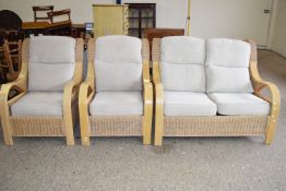 BENTWOOD/WICKER CONSERVATORY SUITE COMPRISING TWO-SEATER SOFA AND TWO MATCHING ARMCHAIRS, SOFA