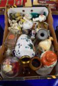 BOX CONTAINING CERAMIC AND ENAMEL ITEMS INCLUDING CLOISONNE VASE WITH FLORAL DECORATION ETC