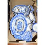 BOX CONTAINING STAFFORDSHIRE BLUE AND WHITE WARES, 19TH CENTURY AND LATER