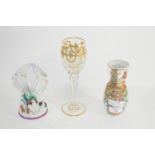 SMALL CANTONESE FAMILLE ROSE VASE TOGETHER WITH A VENETIAN STYLE WINE GLASS WITH GILDED DECORATION