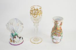 SMALL CANTONESE FAMILLE ROSE VASE TOGETHER WITH A VENETIAN STYLE WINE GLASS WITH GILDED DECORATION