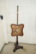 19TH CENTURY MAHOGANY POLE FIRE SCREEN WITH EMBROIDERED DECORATION, HEIGHT APPROX 143CM