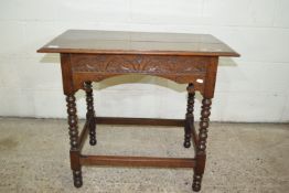 OAK SIDE TABLE WITH BOBBIN TURNED SUPPORTS AND CARVED DECORATION, WIDTH APPROX 80CM
