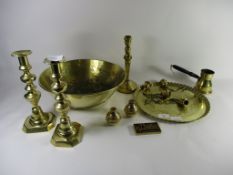 BRASS ITEMS INCLUDING TRAY, THREE CANDLESTICKS, BOWL ETC