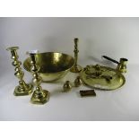 BRASS ITEMS INCLUDING TRAY, THREE CANDLESTICKS, BOWL ETC