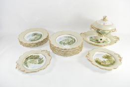 PART STAFFORDSHIRE TEA SET DECORATED WITH A PRINTED LANDSCAPE DESIGN INCLUDING SERVING DISH,