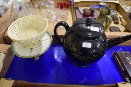 LARGE BLACK POTTERY STAFFORDSHIRE TEA POT OR PUNCH POT WITH GILDED DECORATION (WORN)