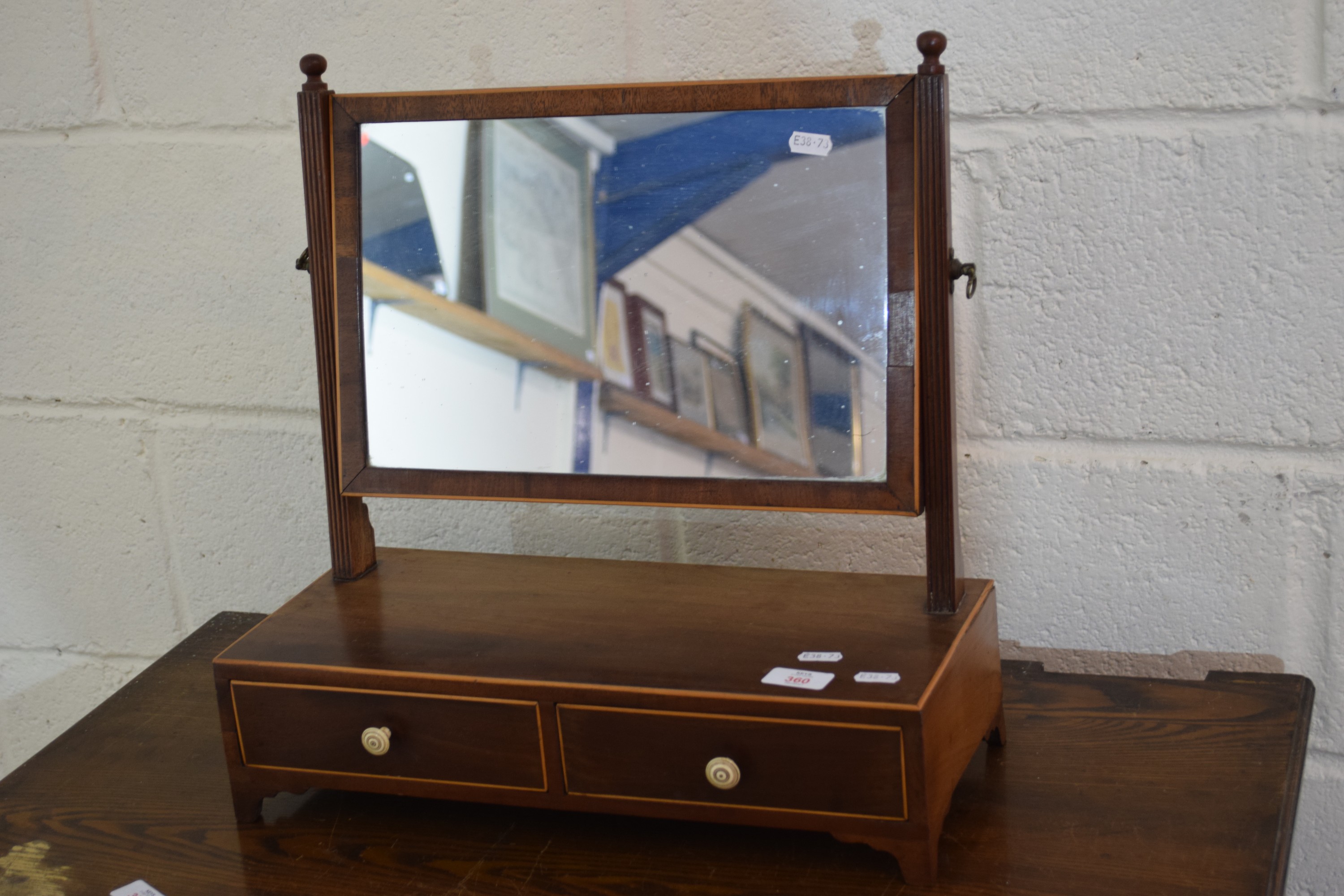 SMALL EDWARDIAN DRESSING TABLE SWING MIRROR WITH TWO DRAWERS BENEATH, WIDTH APPROX 45CM MAX