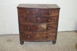 19TH CENTURY BOW FRONT CHEST OF TWO SHORT OVER THREE LONG DRAWERS RAISED ON TURNED FEET, WIDTH