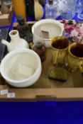 CERAMIC ITEMS INCLUDING TWO CHAMBER POTS, METAL MODEL OF A BUDDHA ETC