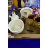 CERAMIC ITEMS INCLUDING TWO CHAMBER POTS, METAL MODEL OF A BUDDHA ETC