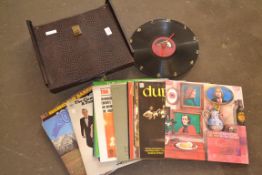 CASE CONTAINING VINTAGE LPS TO INCLUDE THE DUBLINERS, PLUS A NOVELTY RECORD CLOCK