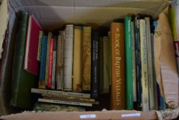 BOX OF MIXED BOOKS TO INCLUDE BOOK OF BRITISH VILLAGES, FONTS AND FONT COVERS, COLOUR IN YOUR GARDEN