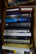 BOX OF MIXED BOOKS TO INCLUDE VOYAGES OF DISCOVERY, WORLD ENCYCLOPAEDIA, TREASURES OF BRITAIN ETC