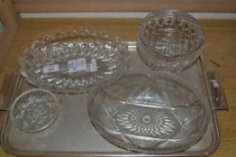 TRAY CONTAINING CUT GLASS WARES INCLUDING SERVING DISHES AND POSY VASE
