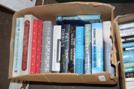 BOX CONTAINING MIXED BOOKS, VARIOUS TITLES BY PAUL THEROUX, SILVER JUBILEE BOOK AND BOOK OF THE