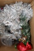 BOX OF TINSEL AND CHRISTMAS DECORATIONS