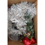 BOX OF TINSEL AND CHRISTMAS DECORATIONS