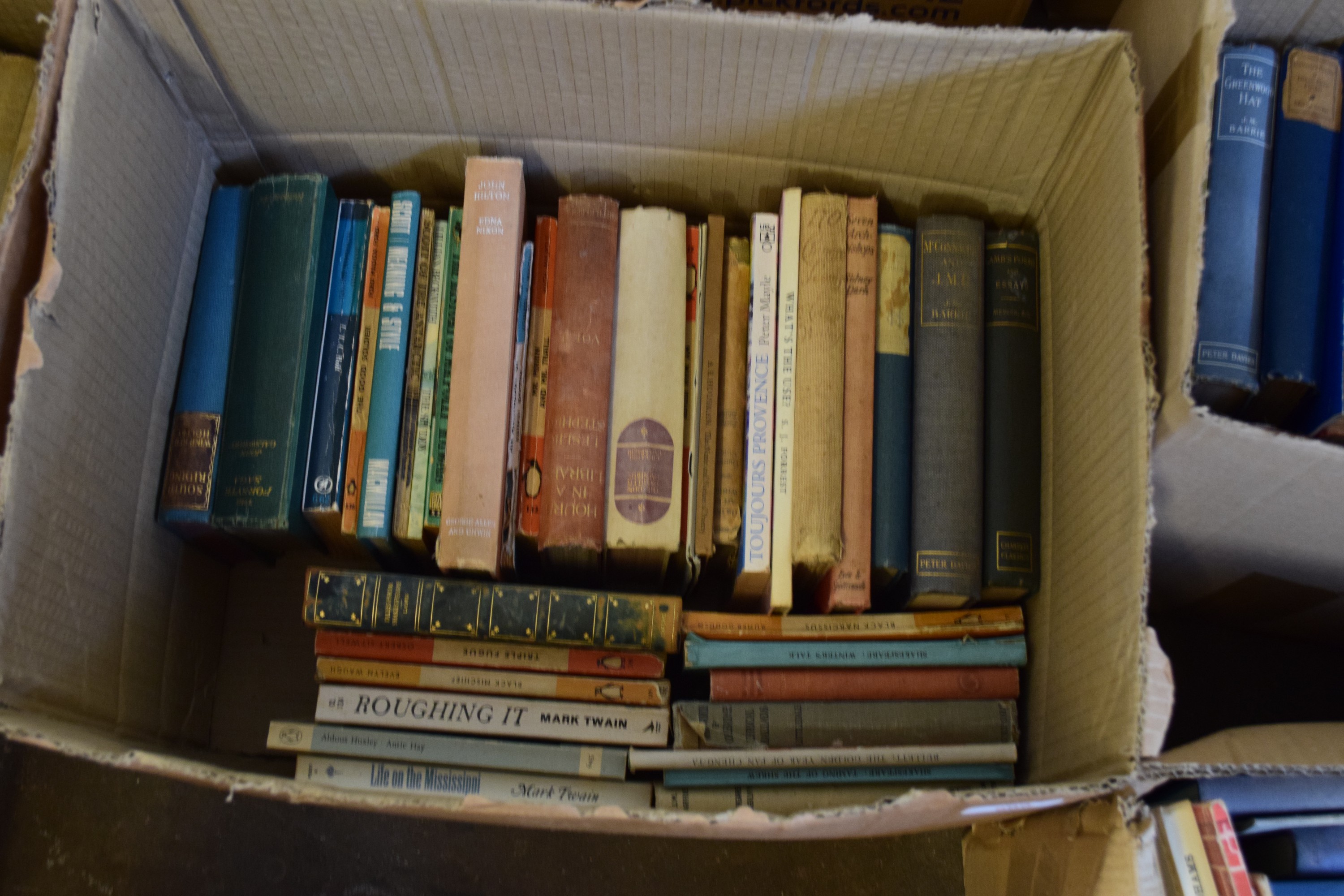 BOX OF MIXED BOOKS TO INCLUDE MEANING AND STYLE, ROUGHING IT, LIFE ON THE MISSISSIPPI ETC