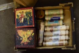 BOX OF SMALL BORDER STRIPS OF WALLPAPER, SOME BY BERKELEY HOUSE, TOGETHER WITH TWO TRINKET BOXES