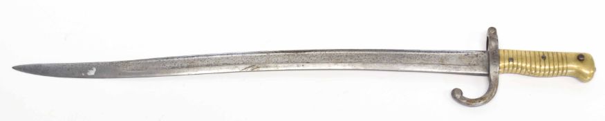 French 1866 pattern chassepot bayonet with yataghan blade, lacking scabbard, stamped "J 10346" to