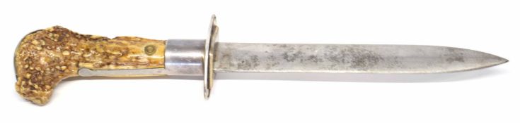 Continental bayonet/hunting dagger with deer antler handle with silver plate pommel, lacking