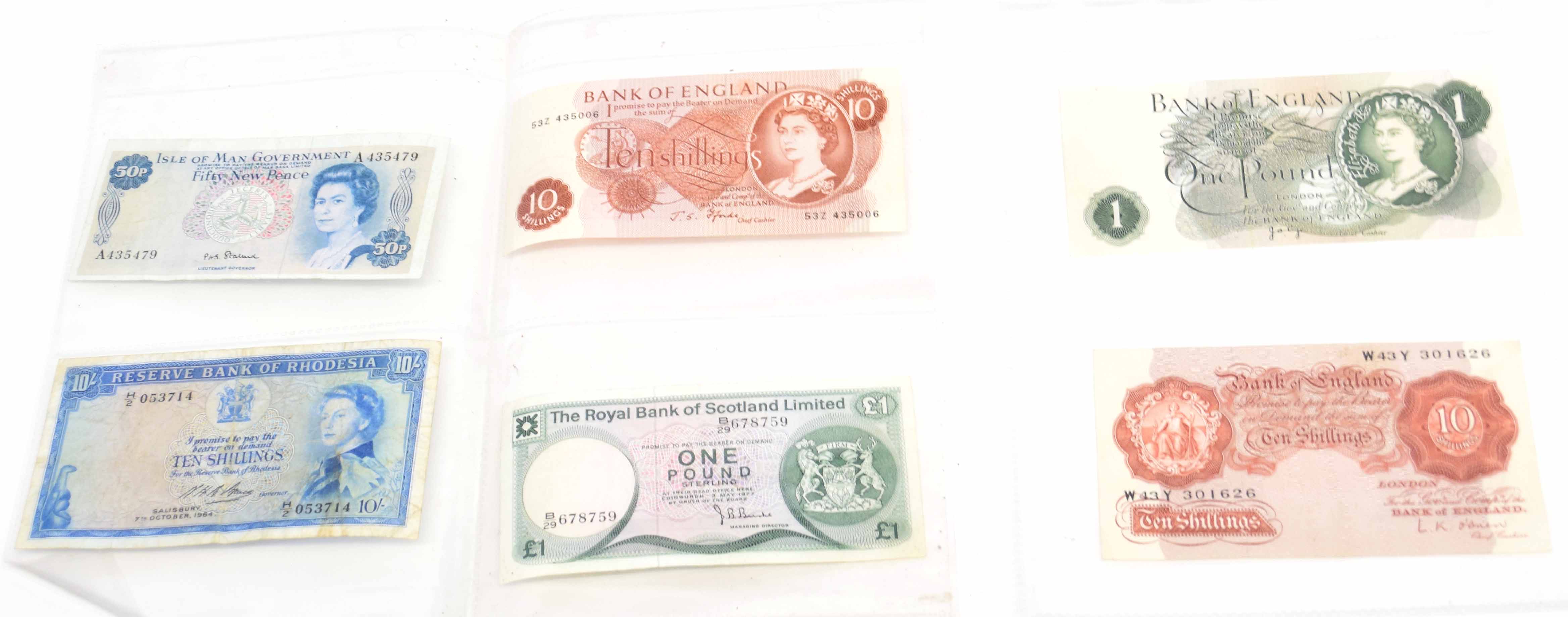 Bank of England bank notes comprising page £1 with error, no serial number, vgc, O'Brien 10/-,