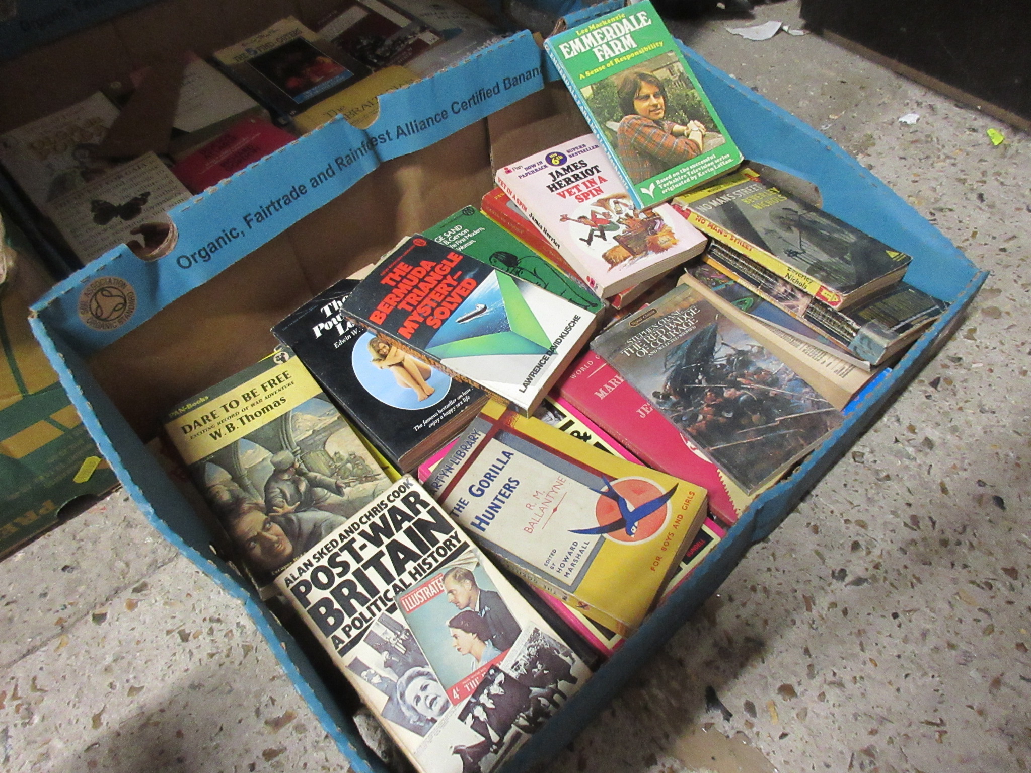 Two boxes assorted vintage paperback "Lucky Dip" including Penguin Classics, "Pan" titles, authors