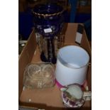 BOX CONTAINING A TABLE LUSTRE IN BLUE WITH GILT DESIGN, TOGETHER WITH A LUSTRE JUG ETC