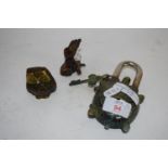 LARGE PADLOCK MODELLED AS TURTLE AND TWO OTHER METAL MODELS, ONE OF AN OWL