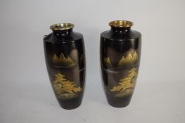 PAIR OF GLASS ORIENTAL VASES, ONE WITH A GILT DESIGN OF A PAGODA AND MOUNTAINS
